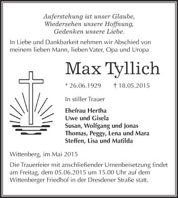 Traueranzeige von Max Tyllich von WVG - Wochenspiegel Wittenberg