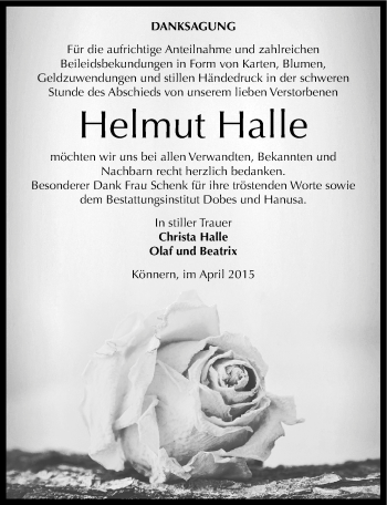 Traueranzeige von Helmut Halle von Mitteldeutsche Zeitung Bernburg