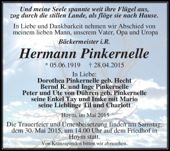 Traueranzeige von Hermann Pinkernelle von Super Sonntag Aschersleben