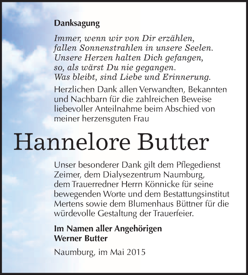  Traueranzeige für Hannelore Butter vom 20.05.2015 aus WVG - Wochenspiegel NMB / WSF / ZTZ