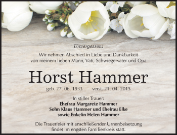 Traueranzeige von Horst Hammer von Mitteldeutsche Zeitung Halle/Saalkreis
