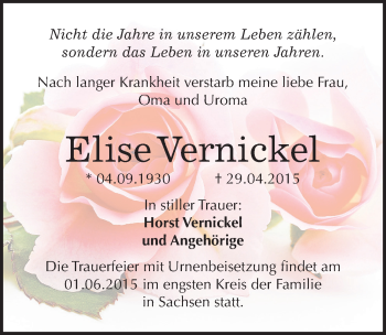 Traueranzeige von Elise Vernickel von Mitteldeutsche Zeitung Sangerhausen