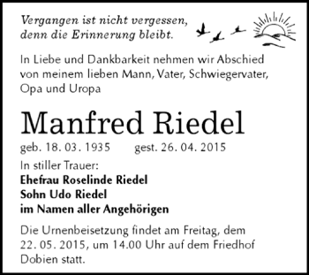 Traueranzeige von Manfred Riedel von WVG - Wochenspiegel Wittenberg