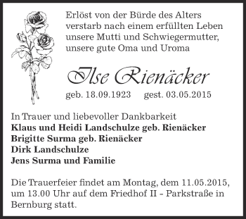 Traueranzeige von Ilse Rienäcker von Super Sonntag Bernburg