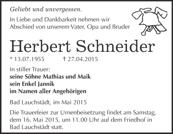 Traueranzeige von Herbert Schneider von WVG - Wochenspiegel Merseburg