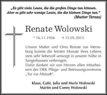 Traueranzeige von Renate Wolowski von Super Sonntag SGH Mansf. Land