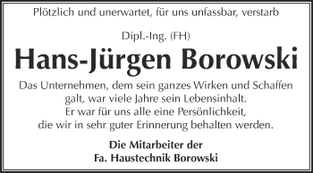 Traueranzeige von Hans-Jürgen Borowski von WVG - Wochenspiegel NMB / WSF / ZTZ