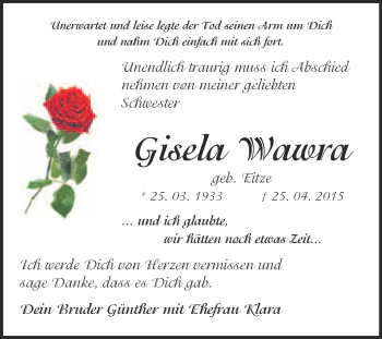 Traueranzeige von Gisela Wawra von Super Sonntag Quedlinburg