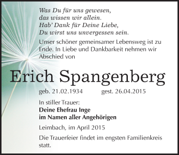 Traueranzeige von Erich Spangenberg von Mitteldeutsche Zeitung Merseburg/Querfurt