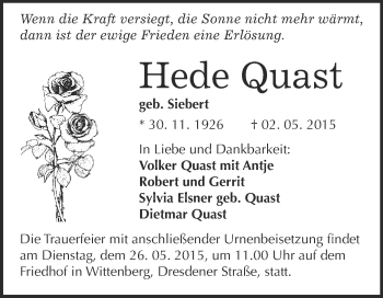 Traueranzeige von Hede Quast von WVG - Wochenspiegel Wittenberg