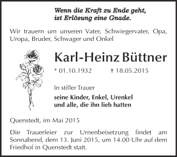 Traueranzeige von Karl-Heinz Büttner von Wochenspiegel Mansfelder Land