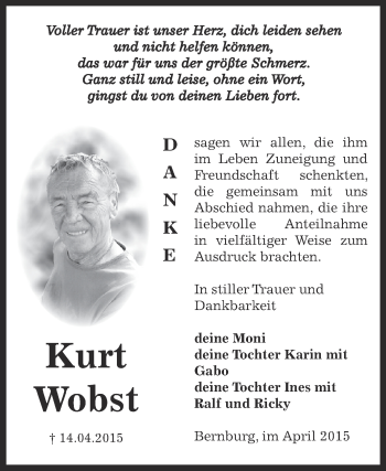Traueranzeige von Kurt Wobst von Super Sonntag Bernburg