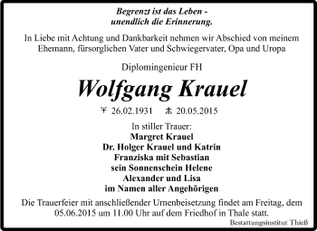 Traueranzeige von Wolfgang Krauel von Super Sonntag Quedlinburg