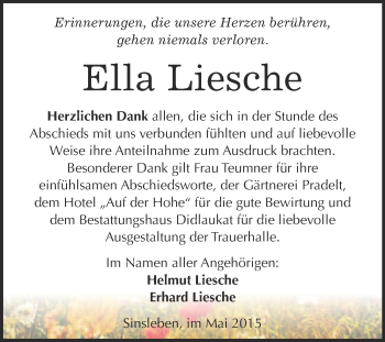 Traueranzeige von Ella Liesche von WVG - Wochenspiegel Quedlinburg