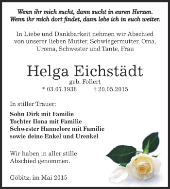 Traueranzeige von Helga Eichstädt von Super Sonntag Zeitz