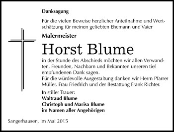 Traueranzeige von Horst Blume von Mitteldeutsche Zeitung Sangerhausen