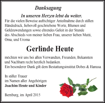 Traueranzeige von Gerlinde Heute von Mitteldeutsche Zeitung Bernburg