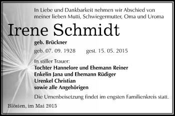 Traueranzeige von Irene Schmidt von WVG - Wochenspiegel Merseburg