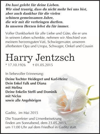 Traueranzeige von Harry Jentzsch von WVG - Wochenspiegel Wittenberg