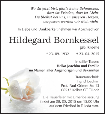 Traueranzeige von Hildegard Bornkessel von Mitteldeutsche Zeitung Sangerhausen