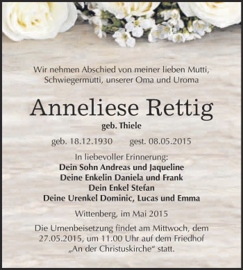 Traueranzeige von Anneliese Rettig von WVG - Wochenspiegel Wittenberg