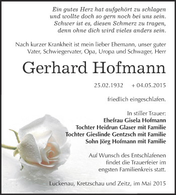 Traueranzeige von Gerhard Hofmann von Super Sonntag Zeitz