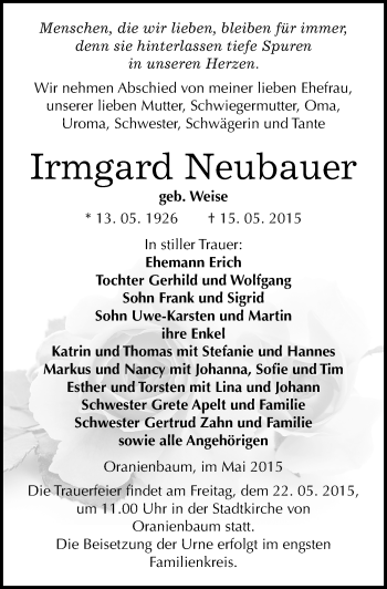Traueranzeige von Irmgard Neubauer von Mitteldeutsche Zeitung Wittenberg