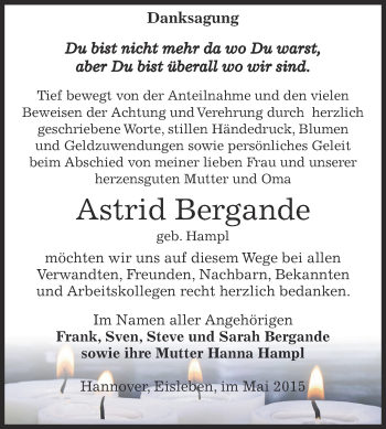 Traueranzeige von Astrid Bergande von Wochenspiegel Mansfelder Land