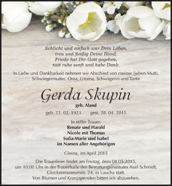 Traueranzeige von Gerda Skupin von Mitteldeutsche Zeitung Naumburg/Nebra