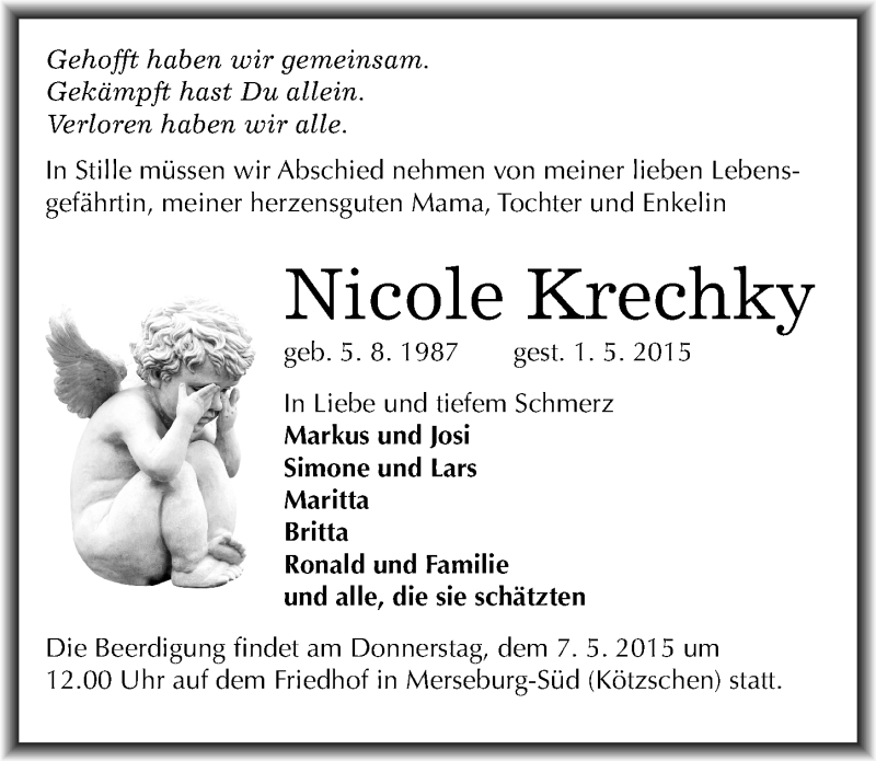  Traueranzeige für Nicole Krechky vom 05.05.2015 aus Mitteldeutsche Zeitung Merseburg/Querfurt