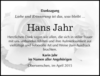 Traueranzeige von Hans Jahr von Mitteldeutsche Zeitung Weißenfels
