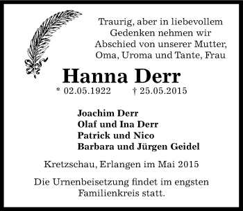 Traueranzeige von Hanna Derr von Mitteldeutsche Zeitung Zeitz