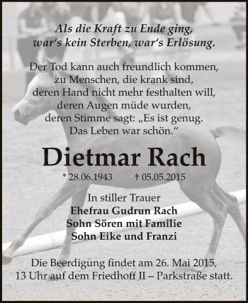 Traueranzeige von Dietmar Rach von Super Sonntag Bernburg