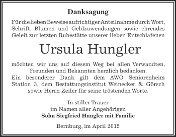 Traueranzeige von Ursula Hungler von Super Sonntag Bernburg