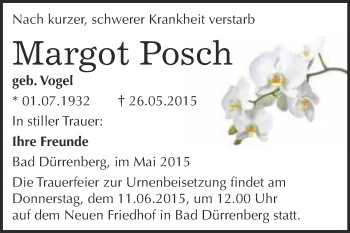 Traueranzeige von Margot Posch von Super Sonntag Merseburg