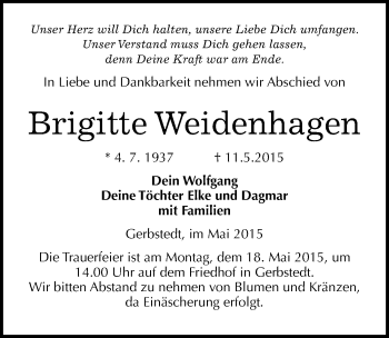 Traueranzeige von Brigitte Weidenhagen von Mitteldeutsche Zeitung Mansfelder Land