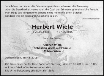 Traueranzeige von Herbert Wiele von WVG - Wochenspiegel Aschersleben