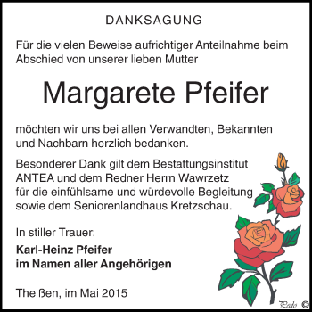 Traueranzeige von Margarete Pfeifer von Super Sonntag Zeitz