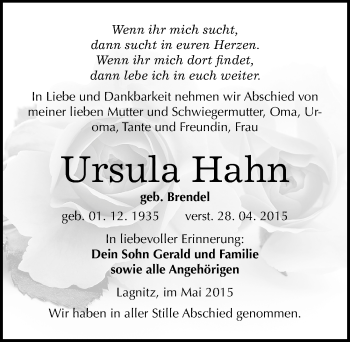 Traueranzeige von Ursula Hahn von Mitteldeutsche Zeitung Weißenfels
