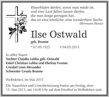Traueranzeige von Ilse Ostwald von Super Sonntag SGH Mansf. Land