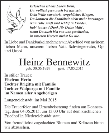 Traueranzeige von Heinz Bennewitz von WVG - Wochenspiegel Merseburg
