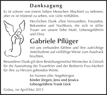Traueranzeige von Gabriele Pflüger von Super Sonntag Bernburg