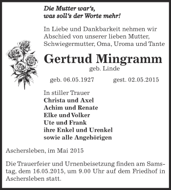 Traueranzeige von Gertrud Mingramm von Super Sonntag Aschersleben