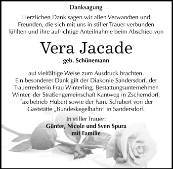 Traueranzeige von Vera Jacade von Mitteldeutsche Zeitung Bitterfeld