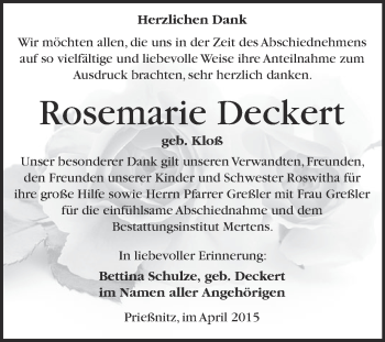 Traueranzeige von Rosemarie Deckert von WVG - Wochenspiegel NMB / WSF / ZTZ
