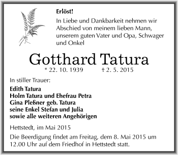 Traueranzeige von Gotthard Tatura von Mitteldeutsche Zeitung Mansfelder Land