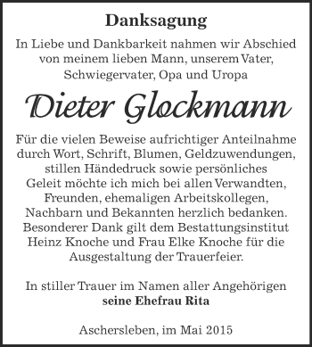 Traueranzeige von Dieter Glockmann von Super Sonntag Aschersleben