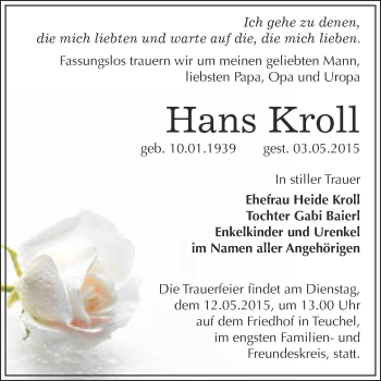 Traueranzeige von Hans Kroll von WVG - Wochenspiegel Wittenberg