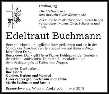 Traueranzeige von Edeltraut Buchmann von Mitteldeutsche Zeitung Mansfelder Land