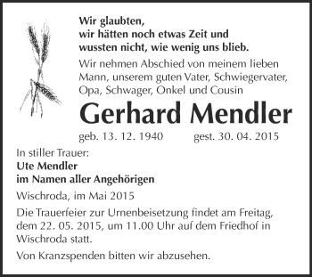 Traueranzeige von Gerhard Mendler von WVG - Wochenspiegel NMB / WSF / ZTZ